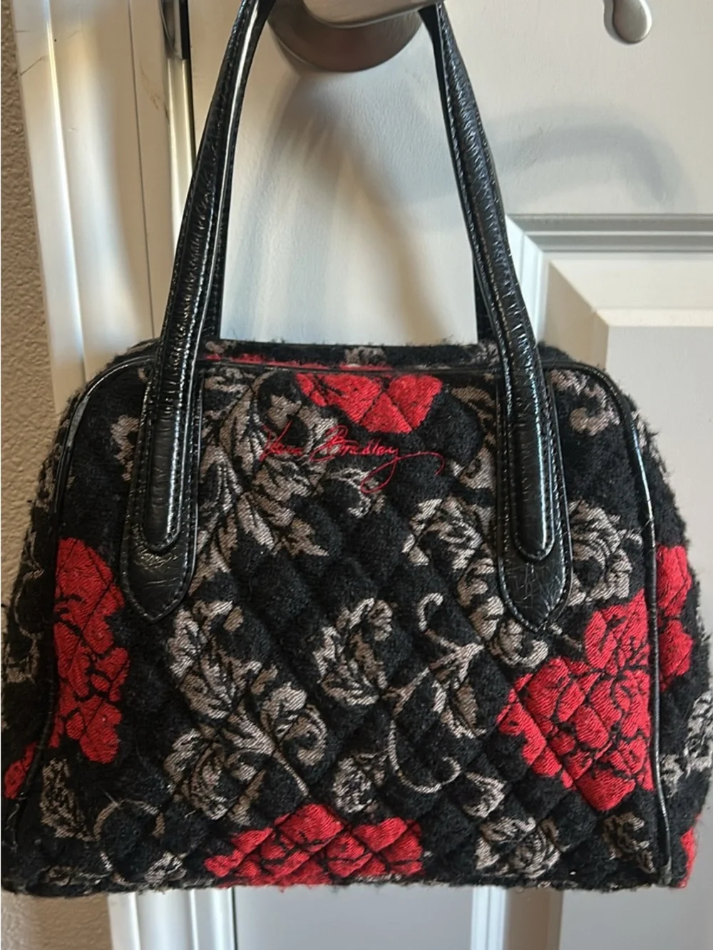 Vera Bradley Quilted Black Tote with Red Floral Accents